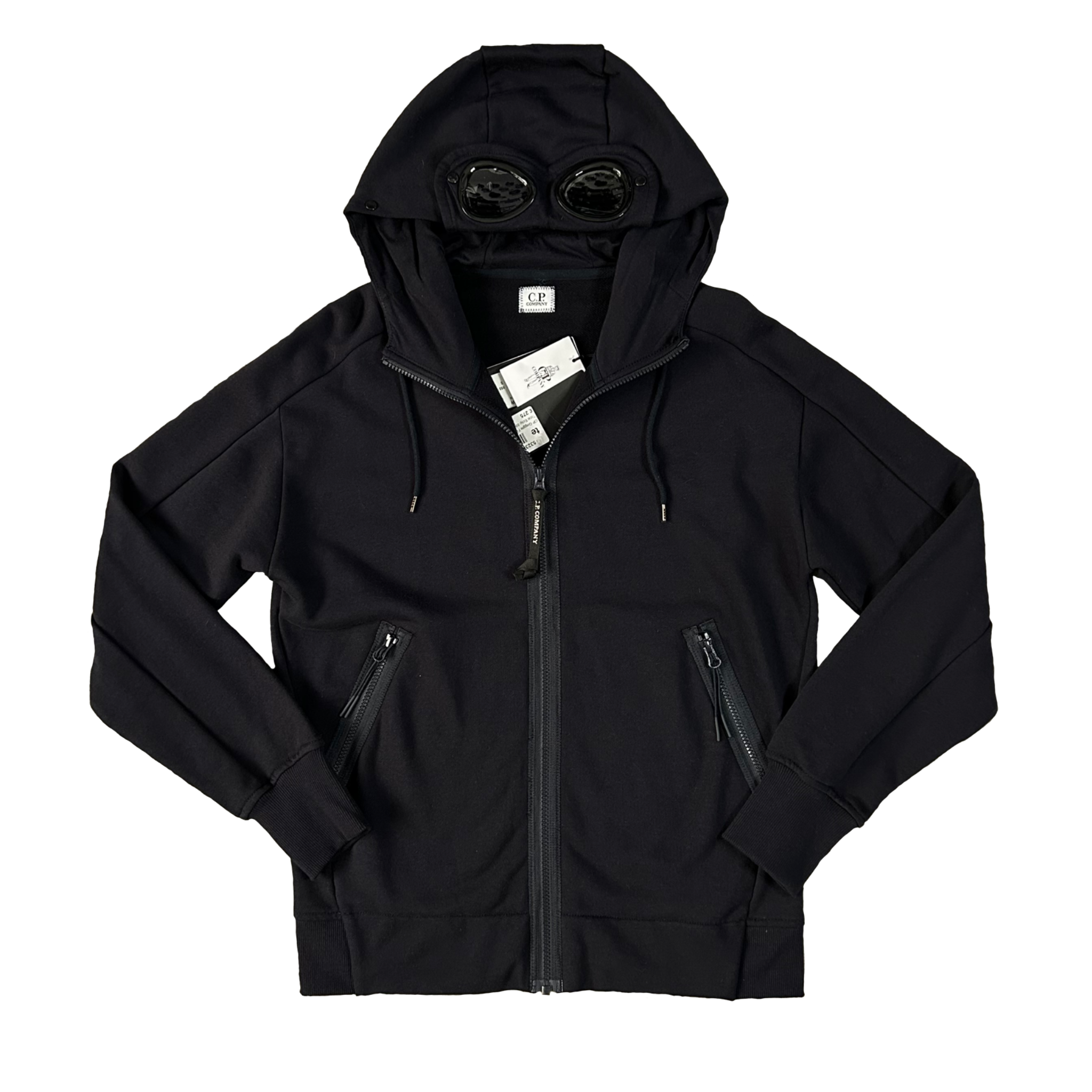 cp company black zip up hoodie